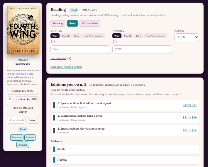 Fourth Wing on LiteraryLure. Three editions, each with its own signature, seller and value, under one reading.