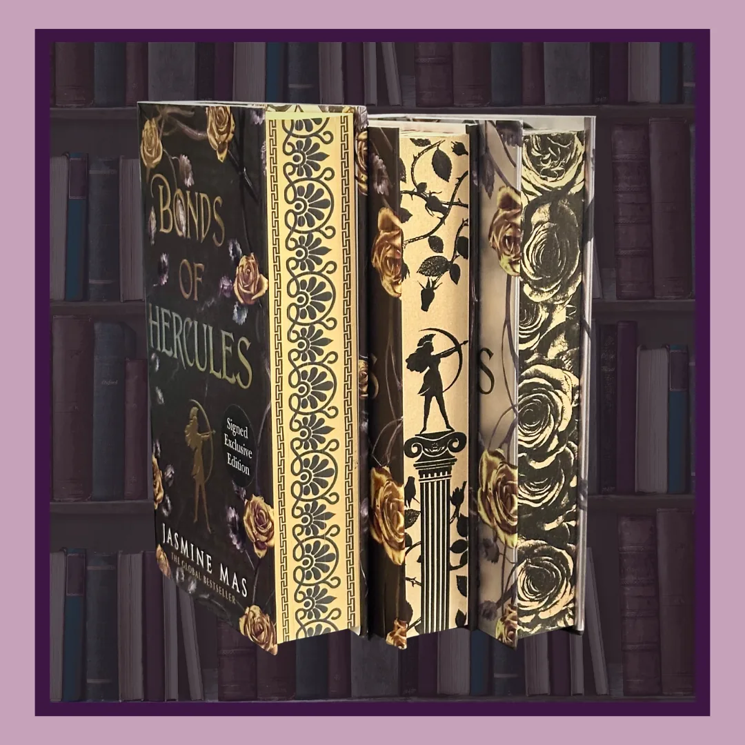 Bonds of Hercules and Blood of Hercules by Jasmine Mas, several editions. Three gold and black hardcovers with patterned sprayed edges, one with a Signed Exclusive Edition sticker.