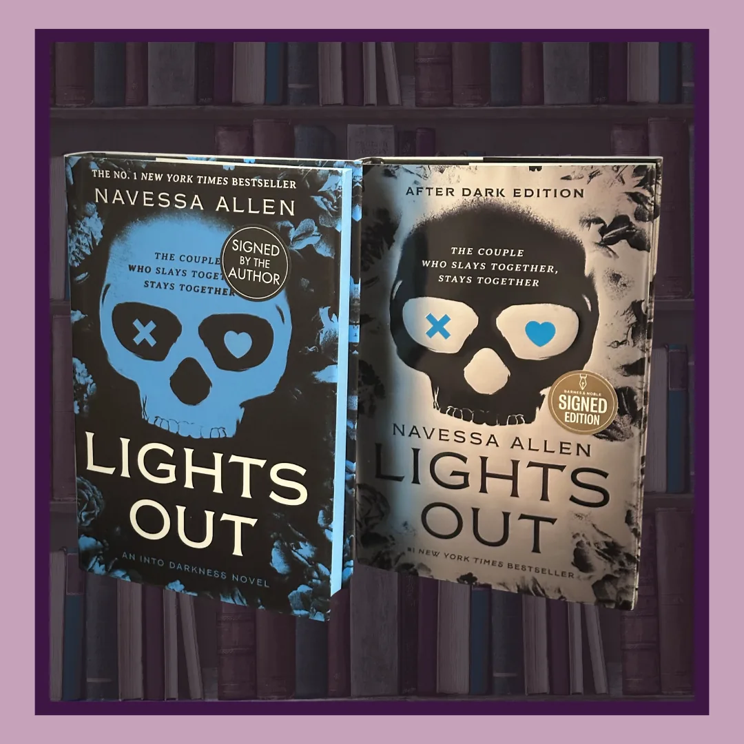 Lights Out by Navessa Allen, two editions. A black hardcover with a blue skull signed by the author, and the white After Dark edition with a black skull.