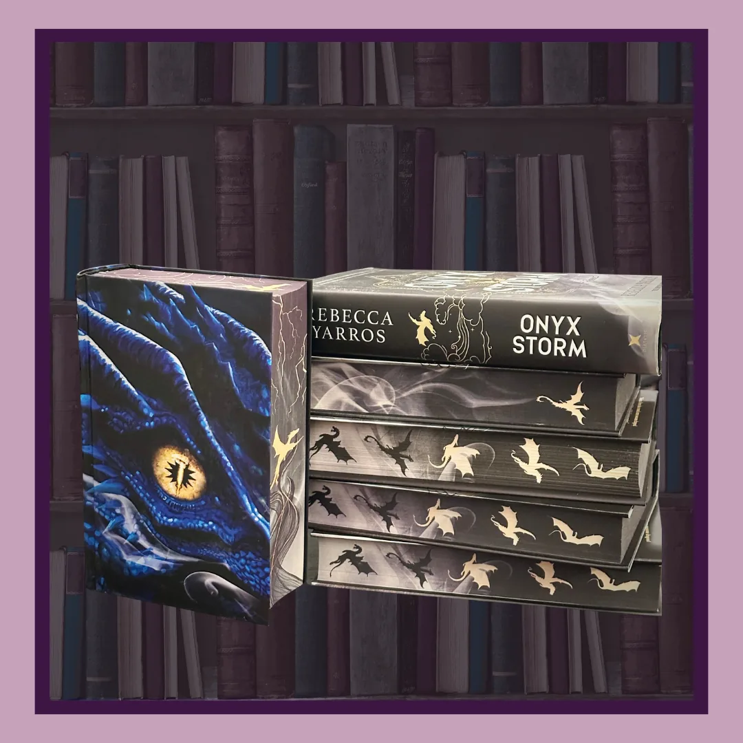 Onyx Storm by Rebecca Yarros, four editions. A hardcover with a blue dragon's face on the cover standing beside a stack of five hardcovers with dragons on their sprayed edges.