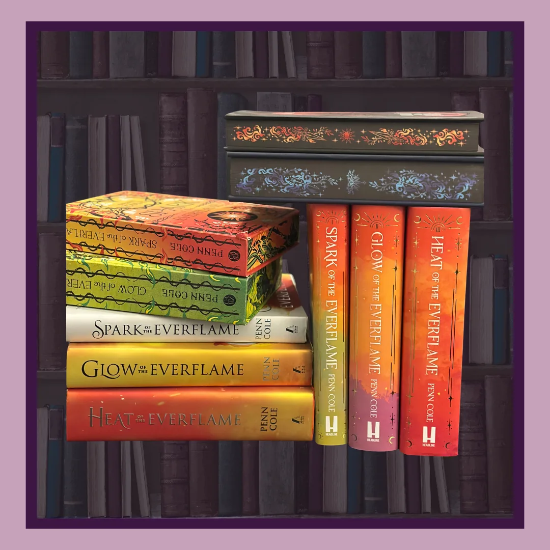 Spark of the Everflame by Penn Cole, four editions. A stack of five hardcovers in yellow, orange and green, two dark hardcovers with patterned edges on top, and three standing with orange and red spines.