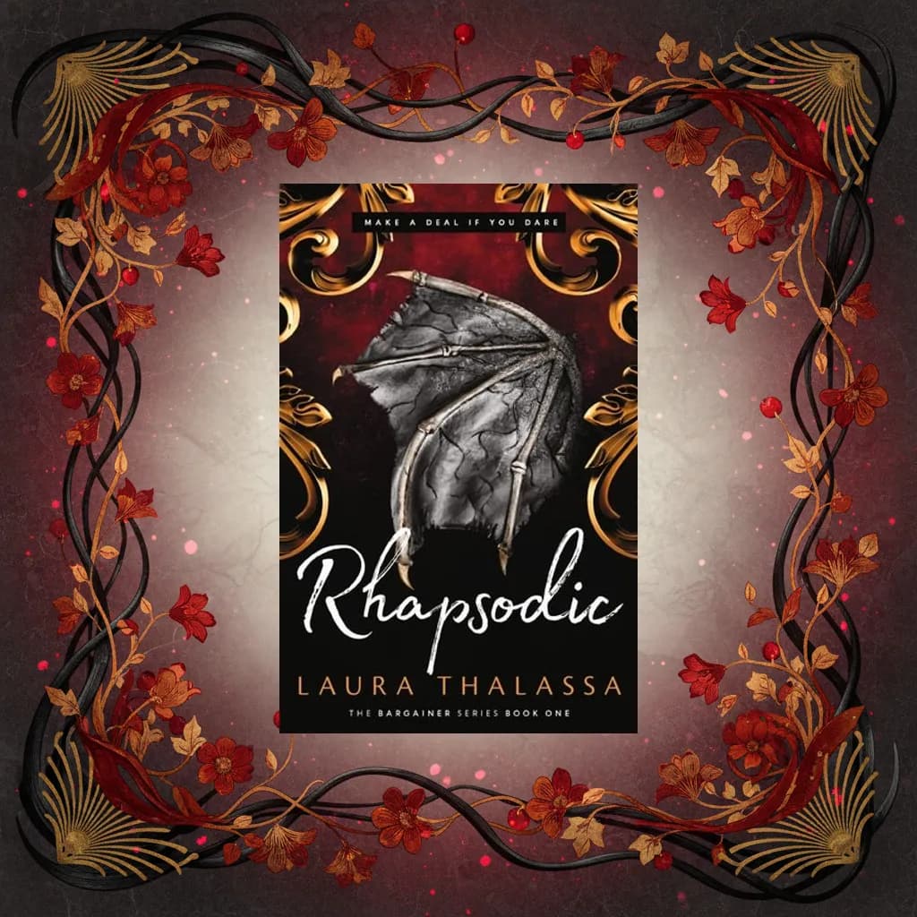 Square image featuring an overlay of the book cover for "Rhapsodic Bestselling Smash-Hit Dark Fantasy Romance!" by Laura Thalassa.